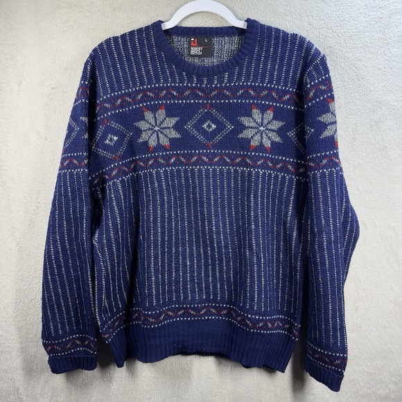 Robert Bruce Vintage Fair Isle Sweater Men's Size L Navy Blue Wool Made in USA - Picture 1 of 6